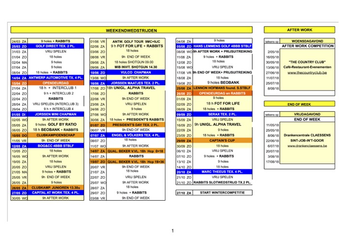 Kalender 2018 voor de site 2