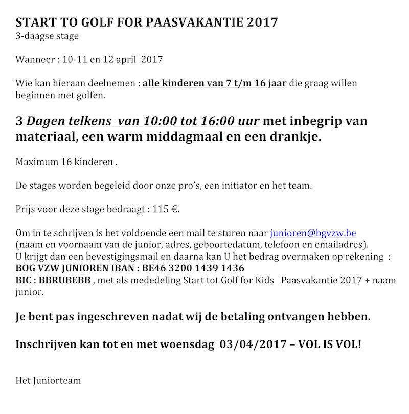 START TO GOLF FOR KIDS PAASVAKANTIE 2017